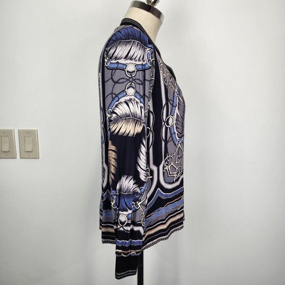 Hale Bob V-Neck Knit Top M Grey Blue Black Harness Print‎ Long Sleeve Stretch - Picture 4 of 10